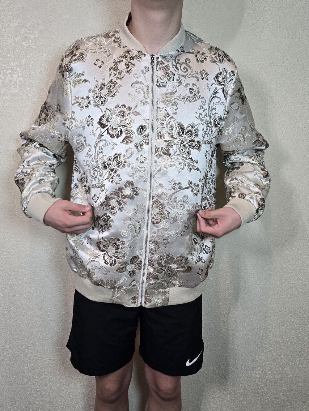 JOGAL Men's Paisley Floral Embroidered Satin Bomber Jacket. Size xl , Slim Fit - Picture 4 of 12
